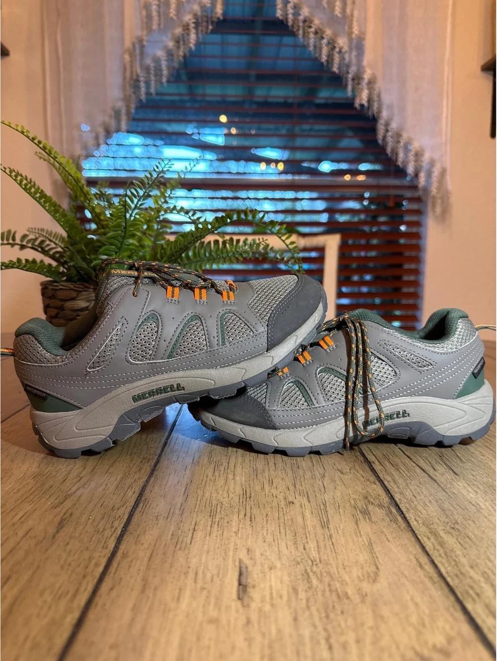 Merrell Men’s Size 5 / Women’s 6.5 Gray Green Orange Hiking Trail Shoes